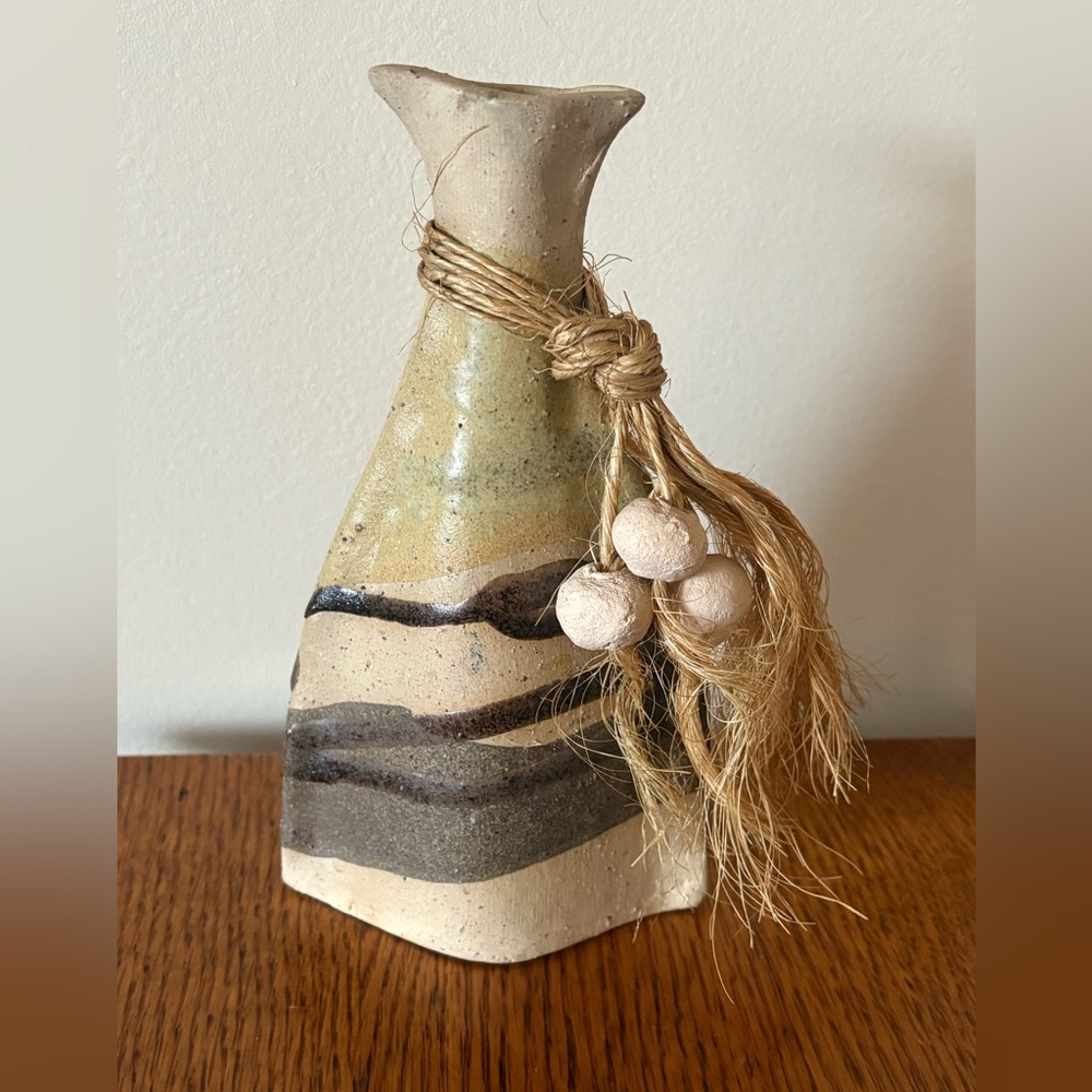 Stoneware Clay Pottery Glaze Triangle Vase  Twine Clay Balls Boho 7 1/2”